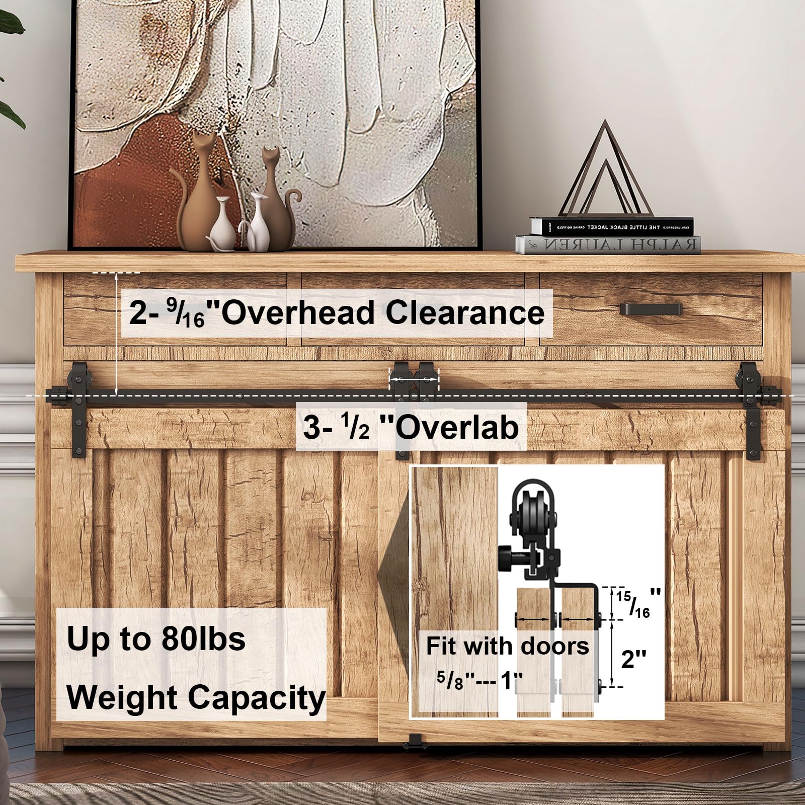 3.5FT Bypass Mini Barn Door Hardware Kit, Double Super Mini Sliding Barn Door Roller Set, Apply for Storage Window TV Stand Closet(No Cabinet)