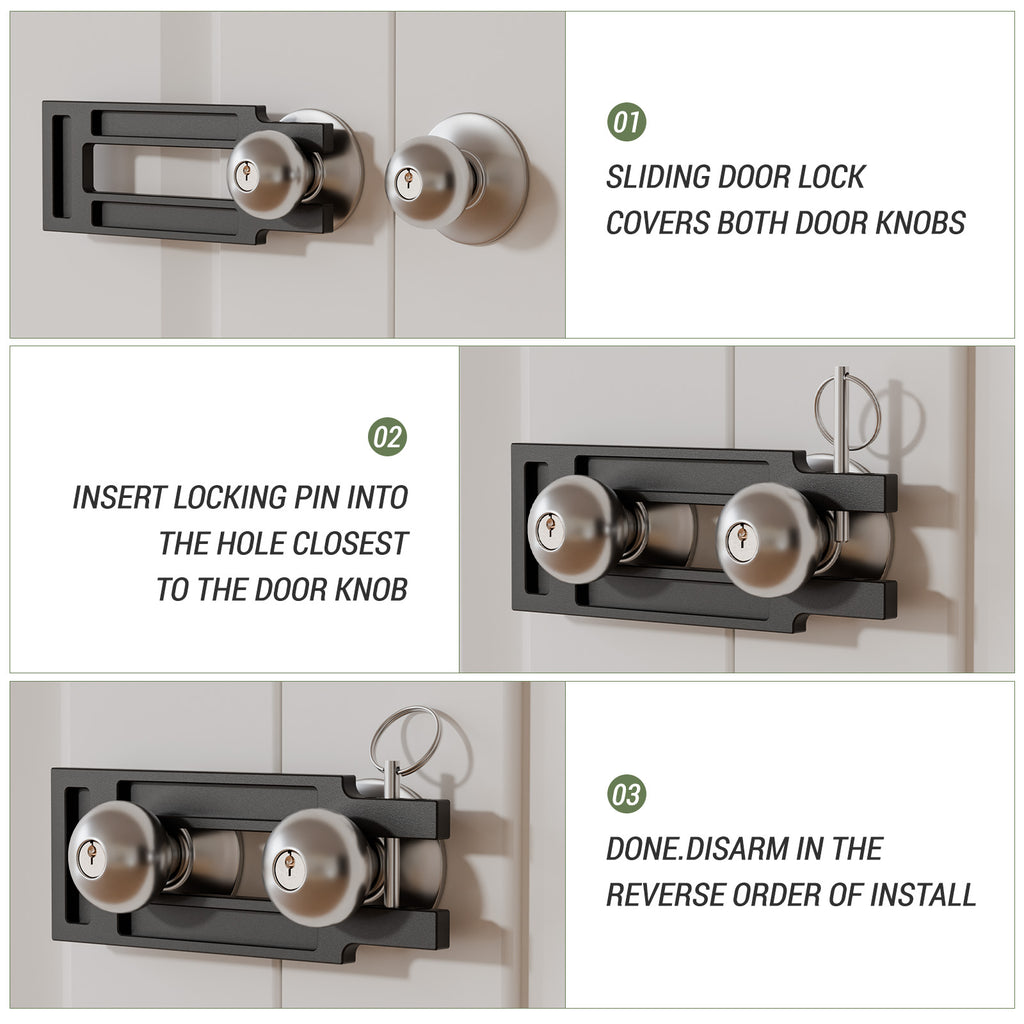 French Door Lock for Double Doors, Adjustable Double Door Lock for Home Security Prevent Kick Ins, 3 Pin Slots for Various Knob Width
