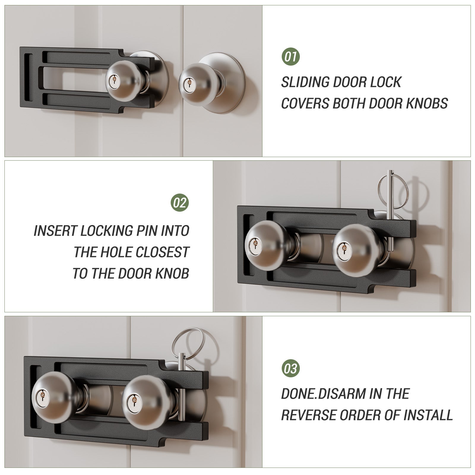 French Door Lock for Double Doors, Adjustable Double Door Lock for Home Security Prevent Kick Ins, 3 Pin Slots for Various Knob Width