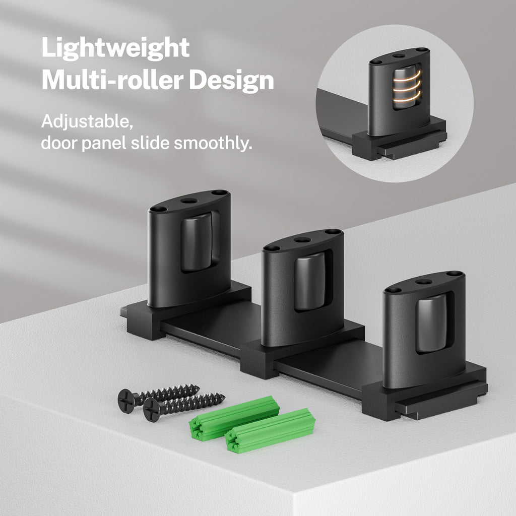 Sliding Closet Door Floor Guide, Sliding Door Guides Floor Mount for Double Bypass Door, Update Adjustable 3-Roller Design