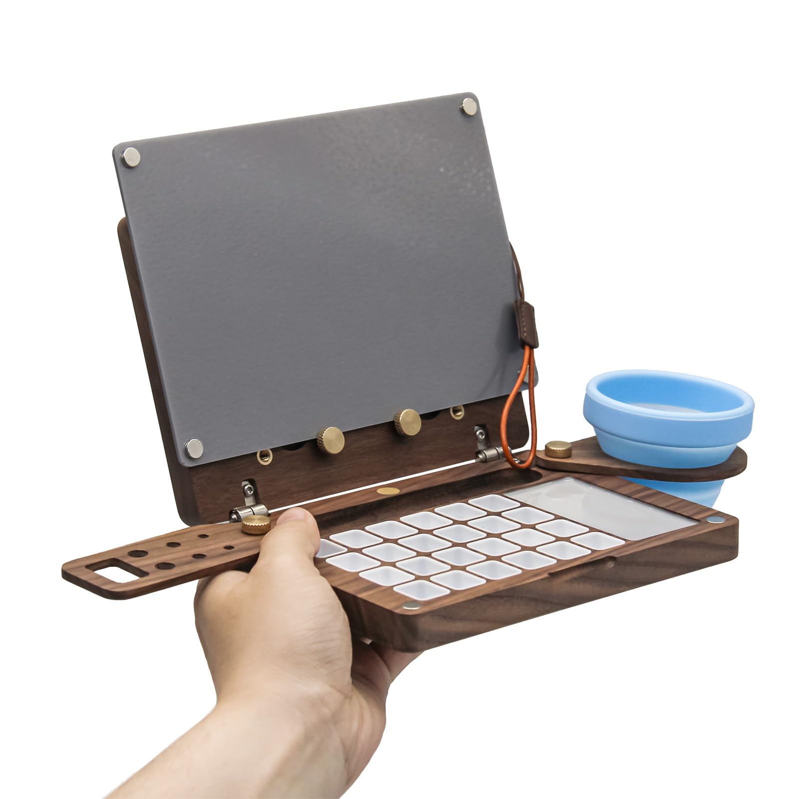 24 Empty Half Pans Wooden Paint Palette, Travel Watercolor Palette, Black Walnut Watercolor Easel with Pen Holder and Cup Holder, Upgraded Style (No Paint or Stand)