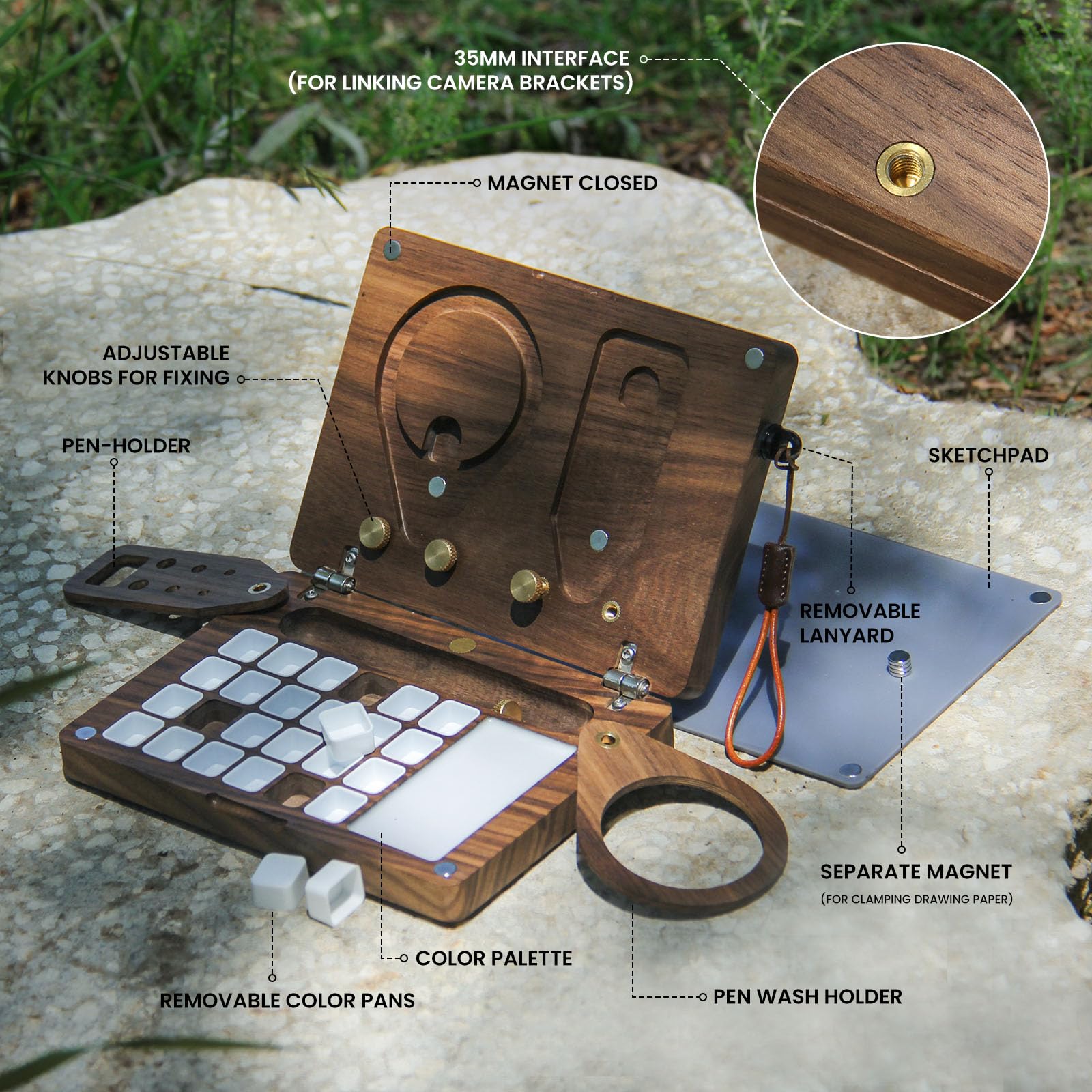 24 Empty Half Pans Wooden Paint Palette, Travel Watercolor Palette, Black Walnut Watercolor Easel with Pen Holder and Cup Holder, Upgraded Style (No Paint or Stand)