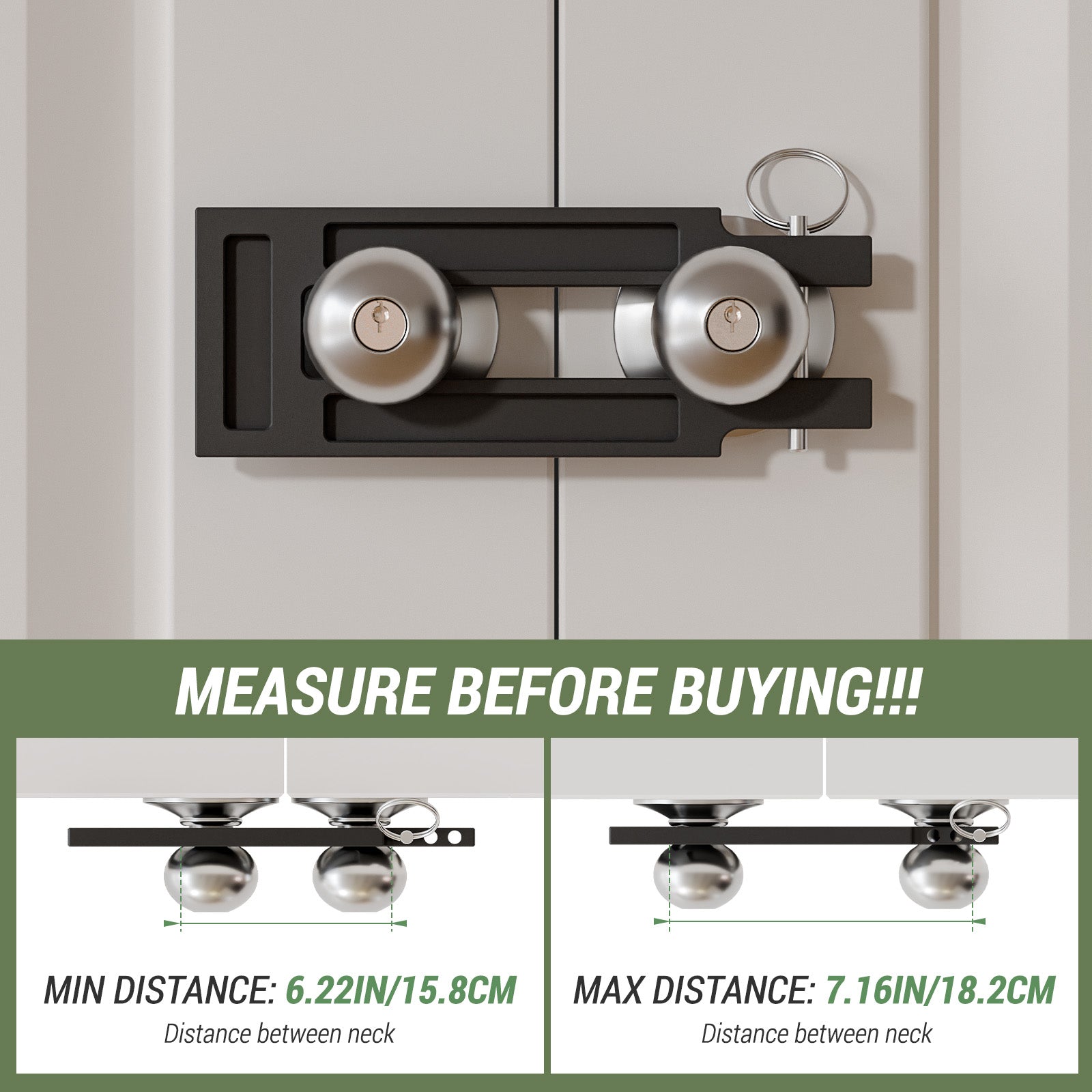 French Door Lock for Double Doors, Adjustable Double Door Lock for Home Security Prevent Kick Ins, 3 Pin Slots for Various Knob Width