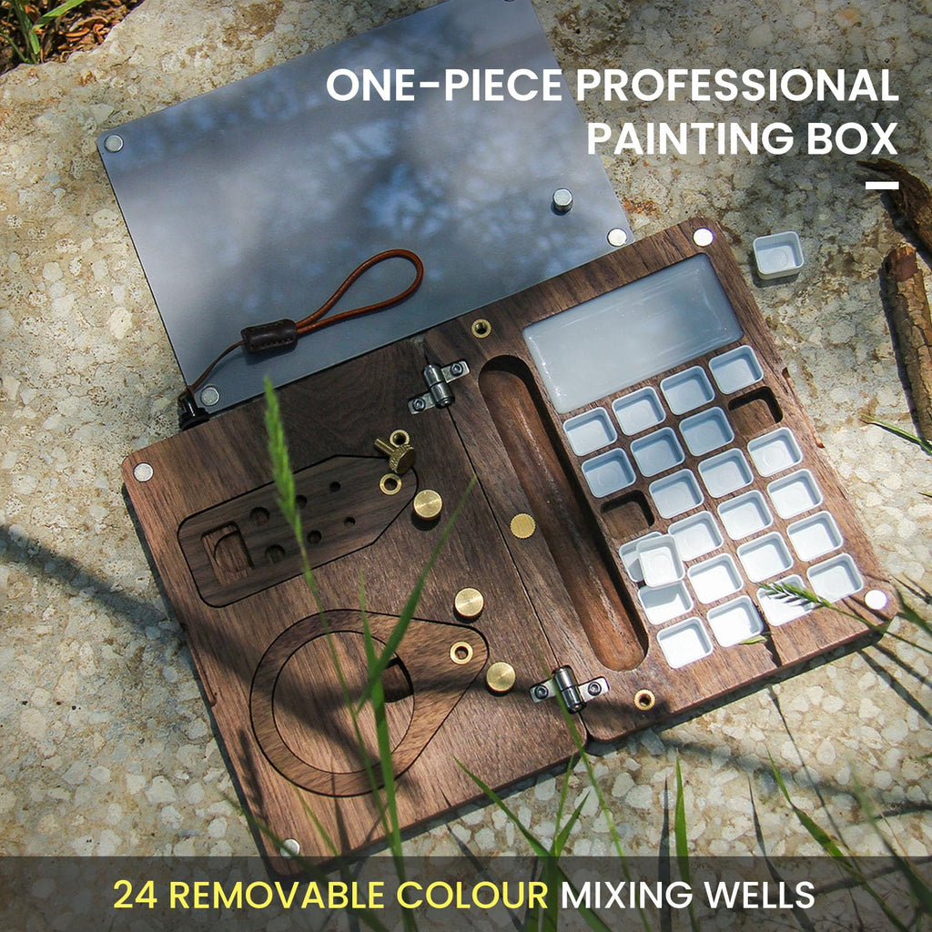 24 Empty Half Pans Wooden Paint Palette, Travel Watercolor Palette, Black Walnut Watercolor Easel with Pen Holder and Cup Holder, Upgraded Style (No Paint or Stand)