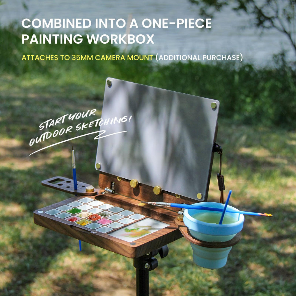 24 Empty Half Pans Wooden Paint Palette, Travel Watercolor Palette, Black Walnut Watercolor Easel with Pen Holder and Cup Holder, Upgraded Style (No Paint or Stand)