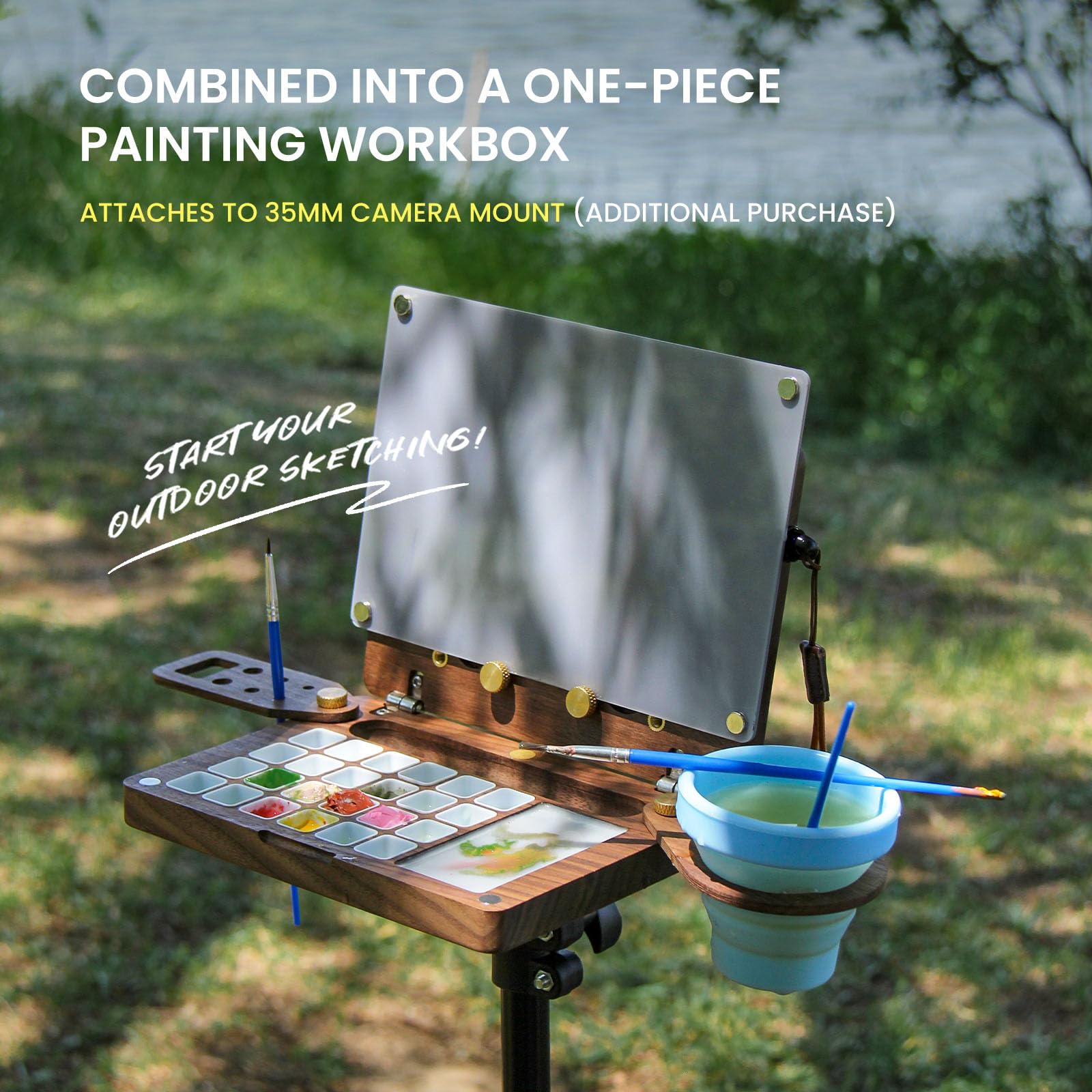 24 Empty Half Pans Wooden Paint Palette, Travel Watercolor Palette, Black Walnut Watercolor Easel with Pen Holder and Cup Holder, Upgraded Style (No Paint or Stand)